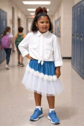 Denim Tulle Diagonal Skirt
