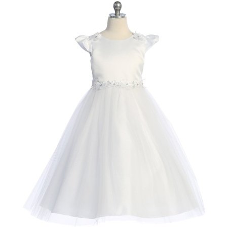 Capped Sleeve Satin and Tulle Dress With Rhinestone and Pearls - Image 2